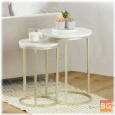 Real Marble Coffee Table Set of 2 Round Side Table with Metal Base