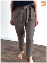 Women's Cotton Solid Color Lace-up Design Elastic Waist Casual Pants