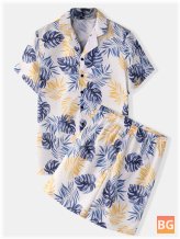 Turn Down Pajamas for Men - Tropical Plant Leaves Print