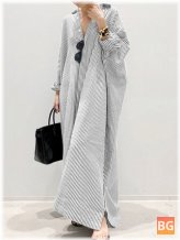 Women's Solid Color Striped Ankle Length Lapel Collar Midi Dresses