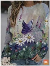 Long Sleeve Women's Flower Butterflies Art Print Blouses