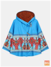 Women Ethnic Pattern Print Button Woolen Hooded Coat