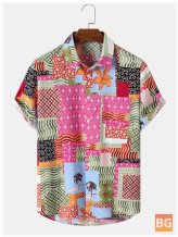 Short Sleeve Button-Up Shirt with Multicolor Plants Overlay