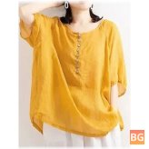 Button-down Blouse with RuchedRound Neck
