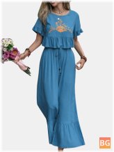 Embroidery Drawstring Waist Ruffle Suit - Wide Leg - Two Pieces