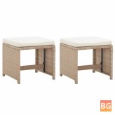 Garden Stools - 2 pcs with Cushions - Poly Rattan Beige