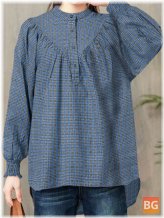 Plaid Casual Blouse with O-Neck and Buttoned Elastic Cuffs for Women