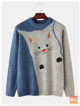 Cat Pattern Knit Crew Neck Sweater - Casual