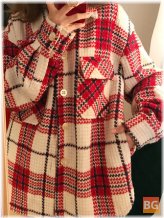 Women's Plaid Warm Chest Double Pocket Long Sleeve Single-Breasted Coats