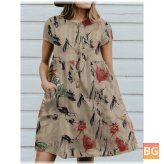 Short Sleeve Flower Print Button Pocket dress
