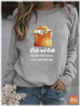 Long Sleeve Cartoon Cat Printed Pullover Sweatshirt for Women