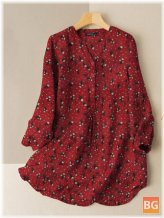 Button Front V-Neck Blouse with Floral Print