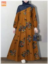 Women's Vintage Floral Print Cotton Shirt Casual Maxi Dress