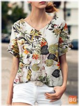 Short Sleeve V Neck Blouse with Plant Print
