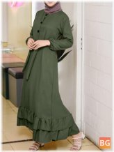 Women's Long Sleeve Solid Ruffles Hem Abaya Kaftan Pleats Button Midi Dresses