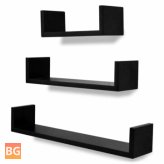 3 Black MDF U-Shaped Floating Wall Display Shelves for Storage