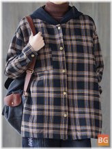 Women's Hoodie Literary Check Pocket Button Long Sleeve Vintage Coat