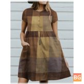 Short Sleeve Ruched Pocket Button Dress - Plaid
