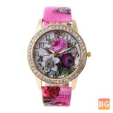 Women's Watch with Retro Rose Pattern - Leather Strap