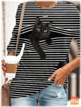 Short Sleeve T-Shirts with Black Cat Print