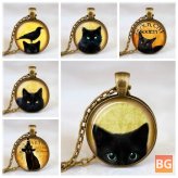 Metal Glass Cute Cat Necklace with Animal Print Gem Pendant