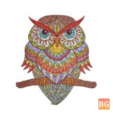 Wooden Puzzle owl with colorful feathers and a mysterious back