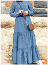 Retro Maxi Dress With Pleated Button Up Stand