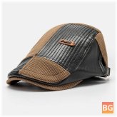 Men's Top Hat - Leather Label Patch Beret Cap - PU - Knitted - irregular - patchwork - adjustable - flat - cap
