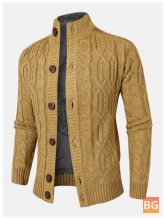 Cable Knit Solid Stand Collar Cardigan for Men