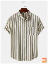 Vertical Stripe Cotton Stand Collar Shirt