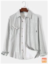 Asymmetric Striped Pockets with Curved Hem - Casual Shirts