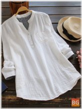 V-Neck Cotton Shirt with Button Pocket and Long Sleeves for Women