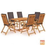 Set of 7 Teak Wood Dining Chairs with Gray Cushions