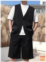 Button Pocket Sleeveless Waistcoat Shorts Set for Men