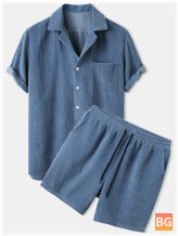 Solid Color Men's Light Corduroy Pocket T-Shirt & Shorts