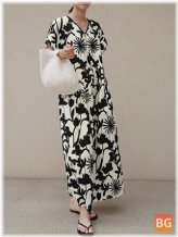 Women's Floral Print Bohemian Leisure Maxi Dress with Side Pockets