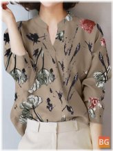 Women's Plant Print Stand Collar Blouse