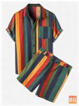 Short Sleeve Shirt & Shorts - Mens Cotton Colorful Stripe