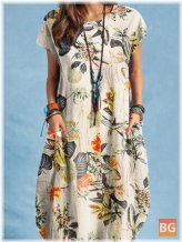Short Sleeve Cotton Dress with Plant Print