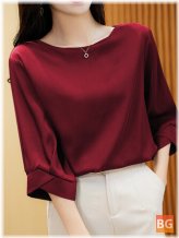 Satin Crew Neck Blouse with 3/4 Sleeves