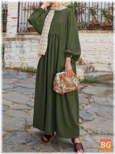 Women's Retro Solid Puff Sleeve Hollow Out Collar Abaya Kaftan Pleated Maxi Dress