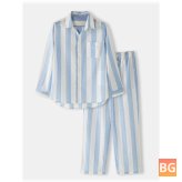 Cotton Striped Lapel Pajamas Set for Men