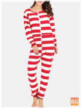 Women's Sleepwear - Long Sleeve Zipper Striped Print Dress Striped Striped Sleepwear