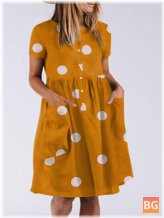 Short Sleeve Button Pocket Dress with Polka Dots