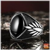 Black Gemstone Alloy Ring with Engraved Pattern