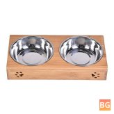 Bamboo Bottom Food Water Bowl for Double Pet Dog