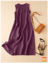 V Neck Cotton Solid Sleeveless Dress