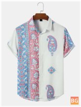 Short Sleeve Button-Up Shirt with Floral Paisley Patchwork Fabric