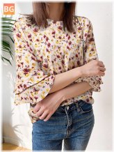 Round Neck Blouse with a Plant Print