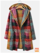 Women's Open Front Hooded Cardigan with Colorful Plaid